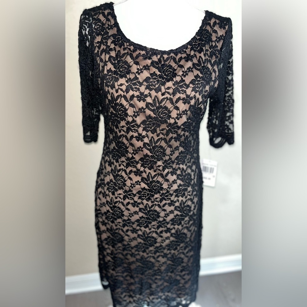 Connected Apparel Cocktail Black Lace Illusion Dress, NWT